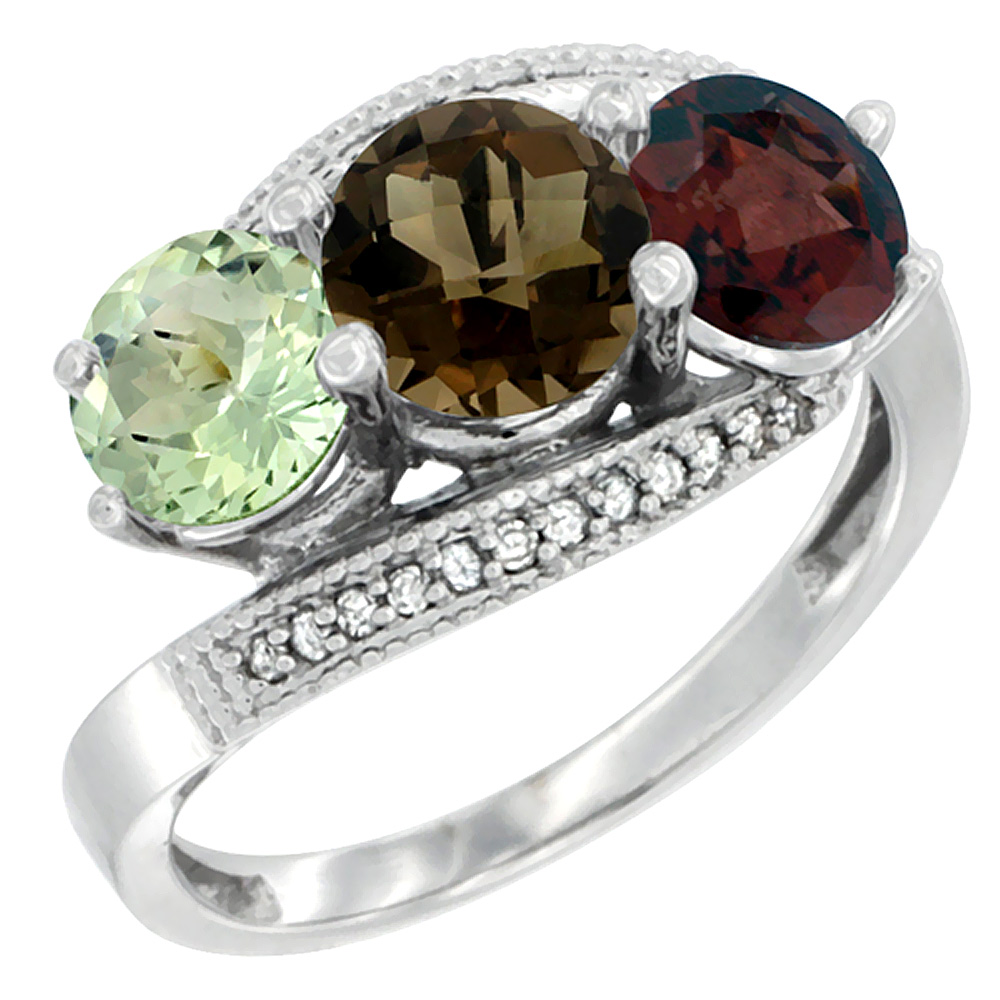 10K White Gold Natural Green Amethyst, Smoky Topaz & Garnet 3 stone Ring Round 6mm Diamond Accent, sizes 5 - 10