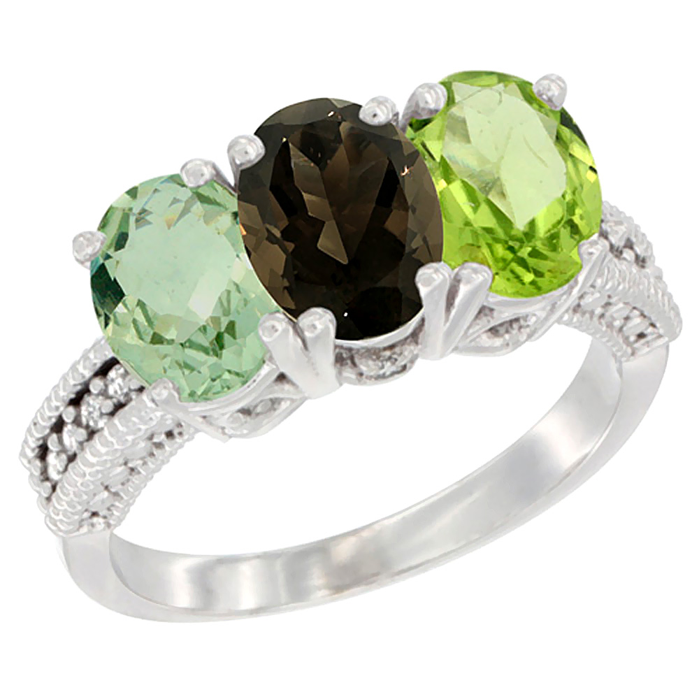 10K White Gold Natural Green Amethyst, Smoky Topaz & Peridot Ring 3-Stone Oval 7x5 mm Diamond Accent, sizes 5 - 10