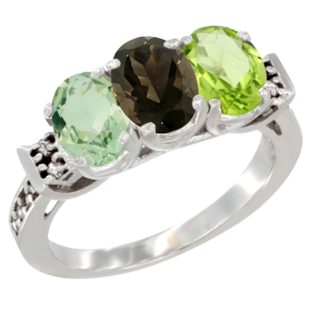 14K White Gold Natural Green Amethyst, Smoky Topaz &amp; Peridot Ring 3-Stone 7x5 mm Oval Diamond Accent, sizes 5 - 10