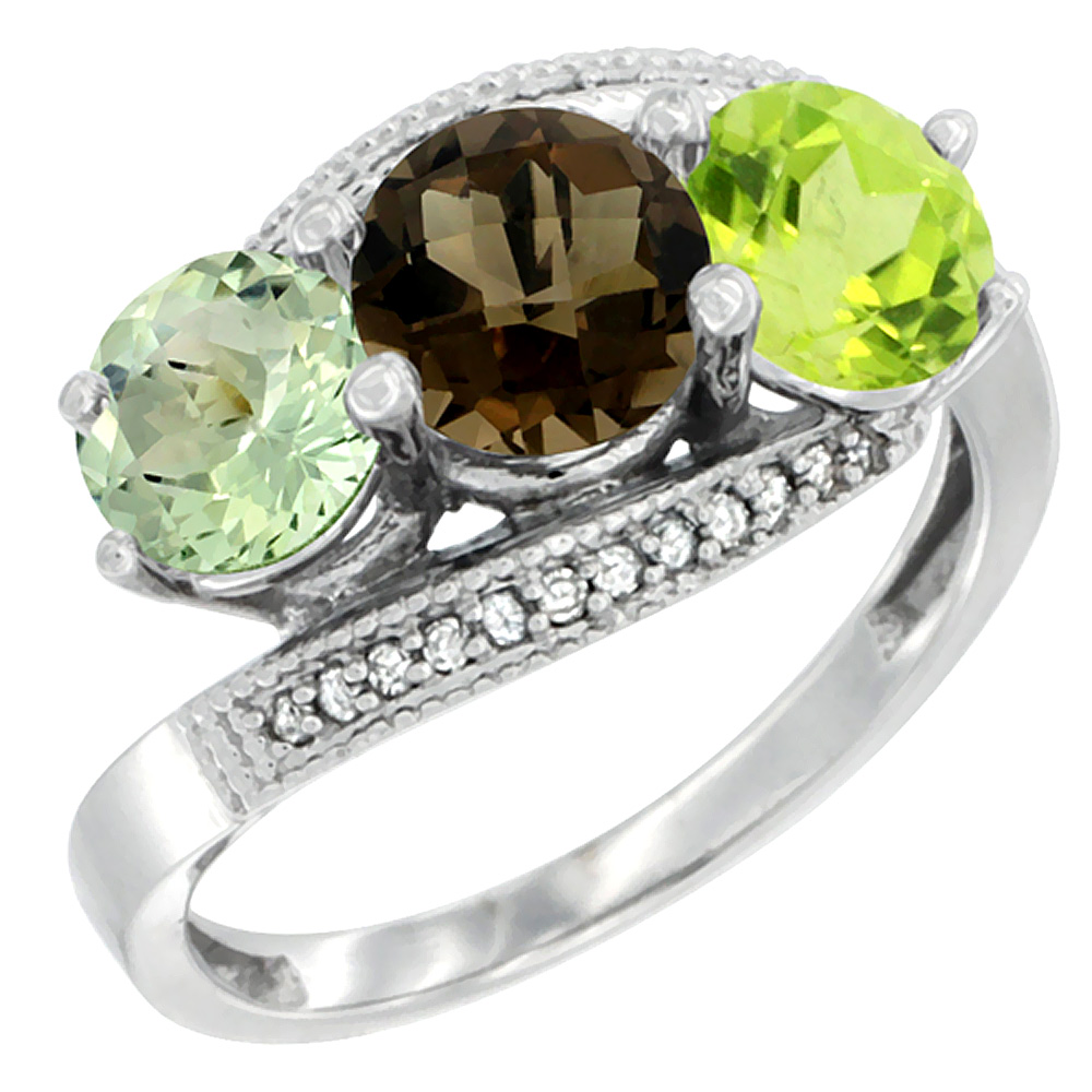 14K White Gold Natural Green Amethyst, Smoky Topaz & Peridot 3 stone Ring Round 6mm Diamond Accent, sizes 5 - 10