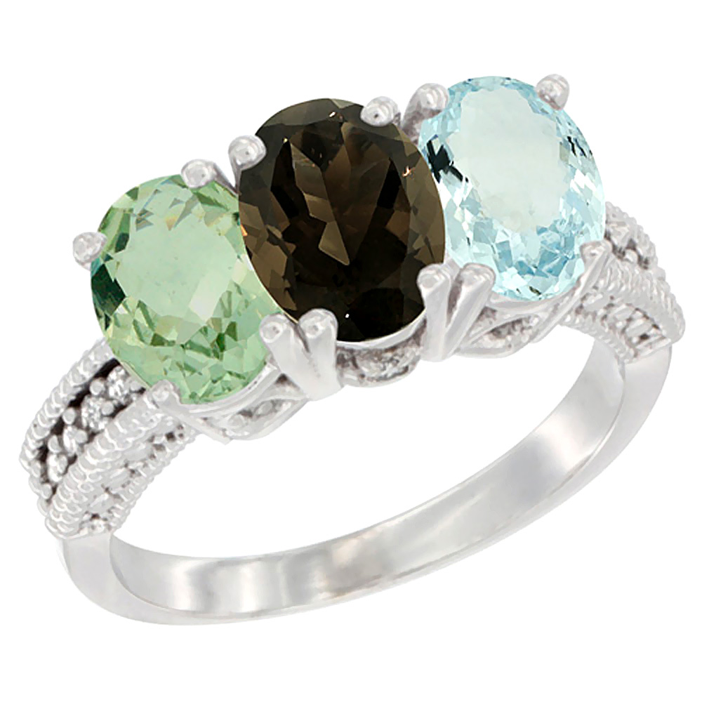 14K White Gold Natural Green Amethyst, Smoky Topaz &amp; Aquamarine Ring 3-Stone 7x5 mm Oval Diamond Accent, sizes 5 - 10