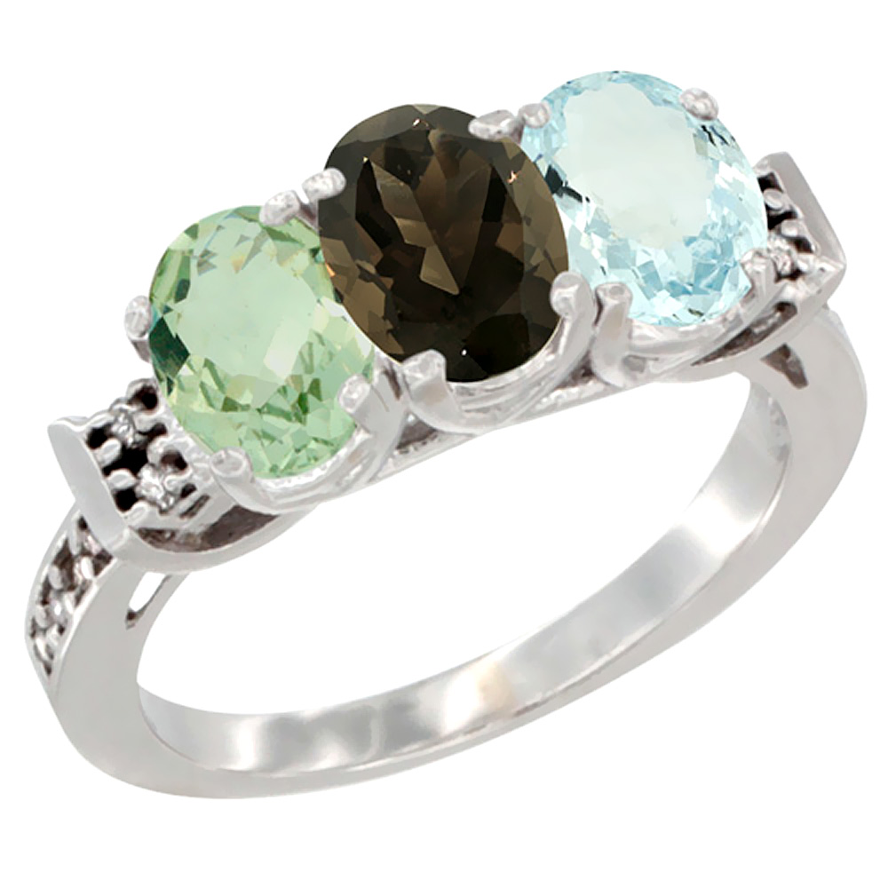 14K White Gold Natural Green Amethyst, Smoky Topaz &amp; Aquamarine Ring 3-Stone 7x5 mm Oval Diamond Accent, sizes 5 - 10