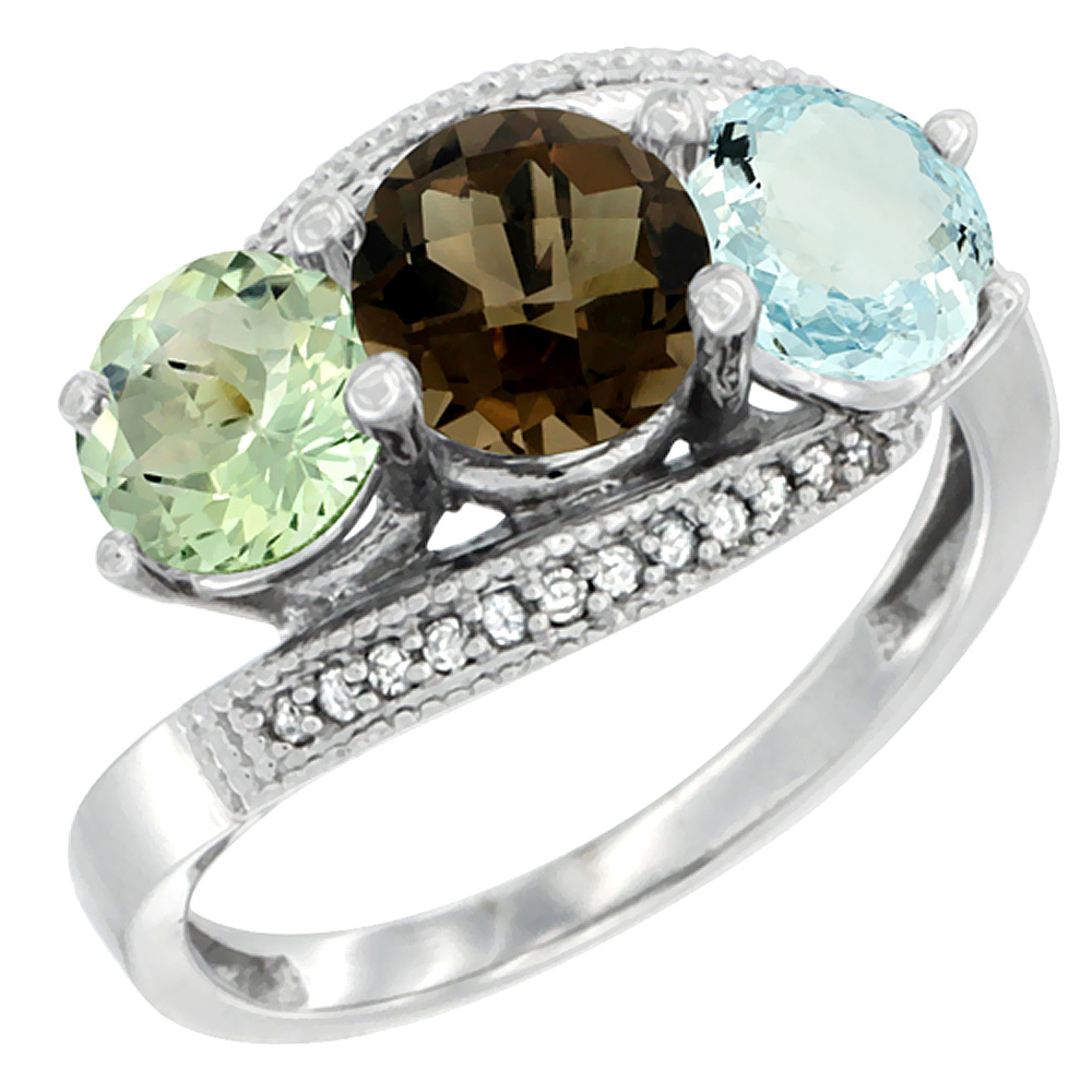 14K White Gold Natural Green Amethyst, Smoky Topaz & Aquamarine 3 stone Ring Round 6mm Diamond Accent, sizes 5 - 10