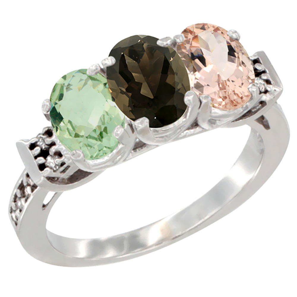 10K White Gold Natural Green Amethyst, Smoky Topaz & Morganite Ring 3-Stone Oval 7x5 mm Diamond Accent, sizes 5 - 10