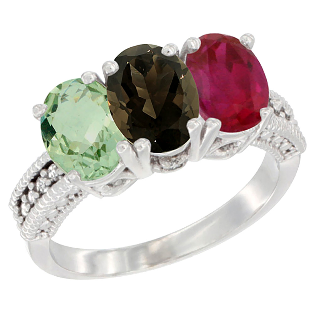10K White Gold Natural Green Amethyst, Smoky Topaz & Enhanced Ruby Ring 3-Stone Oval 7x5 mm Diamond Accent, sizes 5 - 10