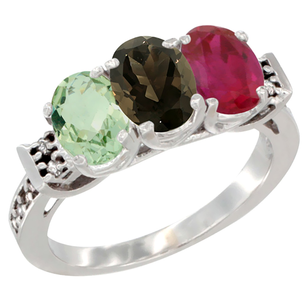 14K White Gold Natural Green Amethyst, Smoky Topaz & Enhanced Ruby Ring 3-Stone 7x5 mm Oval Diamond Accent, sizes 5 - 10