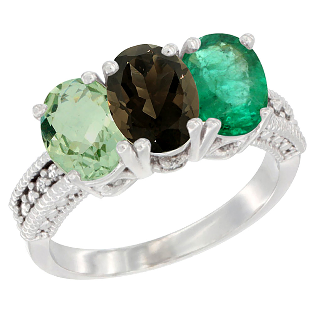 14K White Gold Natural Green Amethyst, Smoky Topaz &amp; Emerald Ring 3-Stone 7x5 mm Oval Diamond Accent, sizes 5 - 10