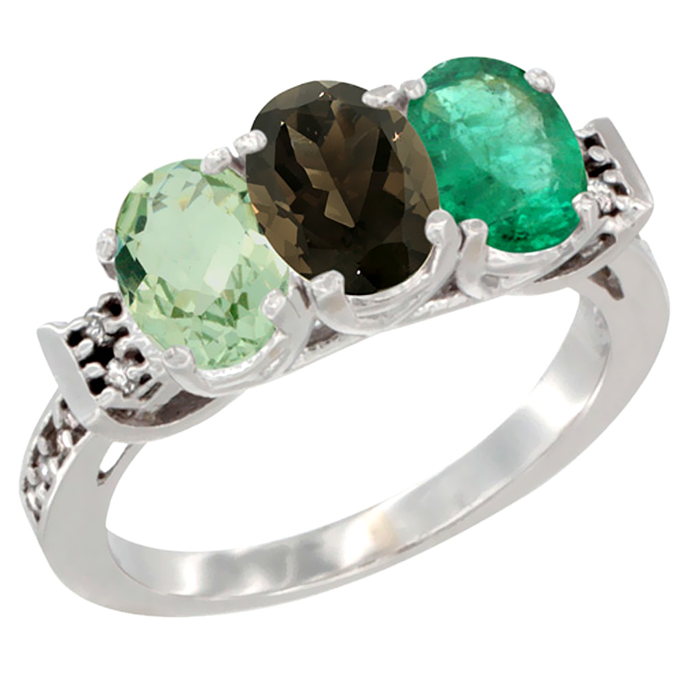 14K White Gold Natural Green Amethyst, Smoky Topaz &amp; Emerald Ring 3-Stone 7x5 mm Oval Diamond Accent, sizes 5 - 10