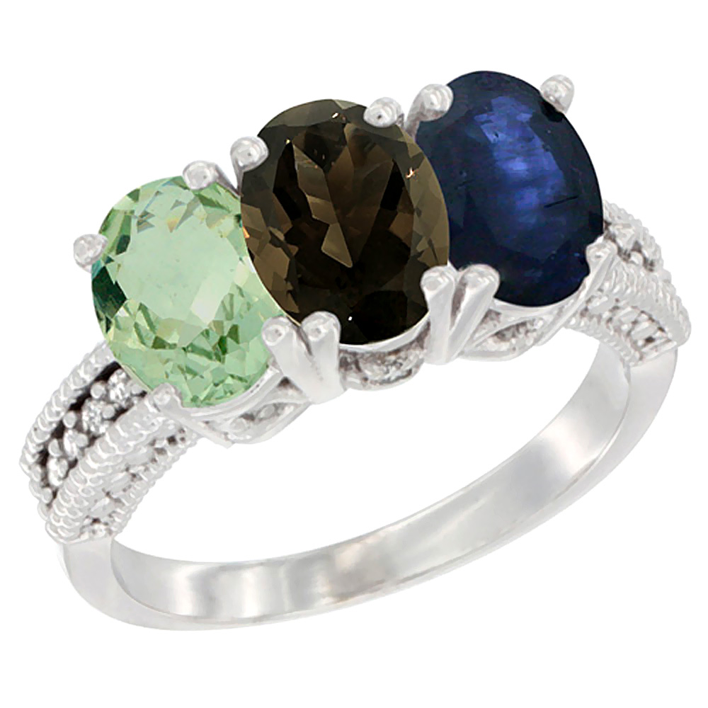 10K White Gold Natural Green Amethyst, Smoky Topaz & Blue Sapphire Ring 3-Stone Oval 7x5 mm Diamond Accent, sizes 5 - 10