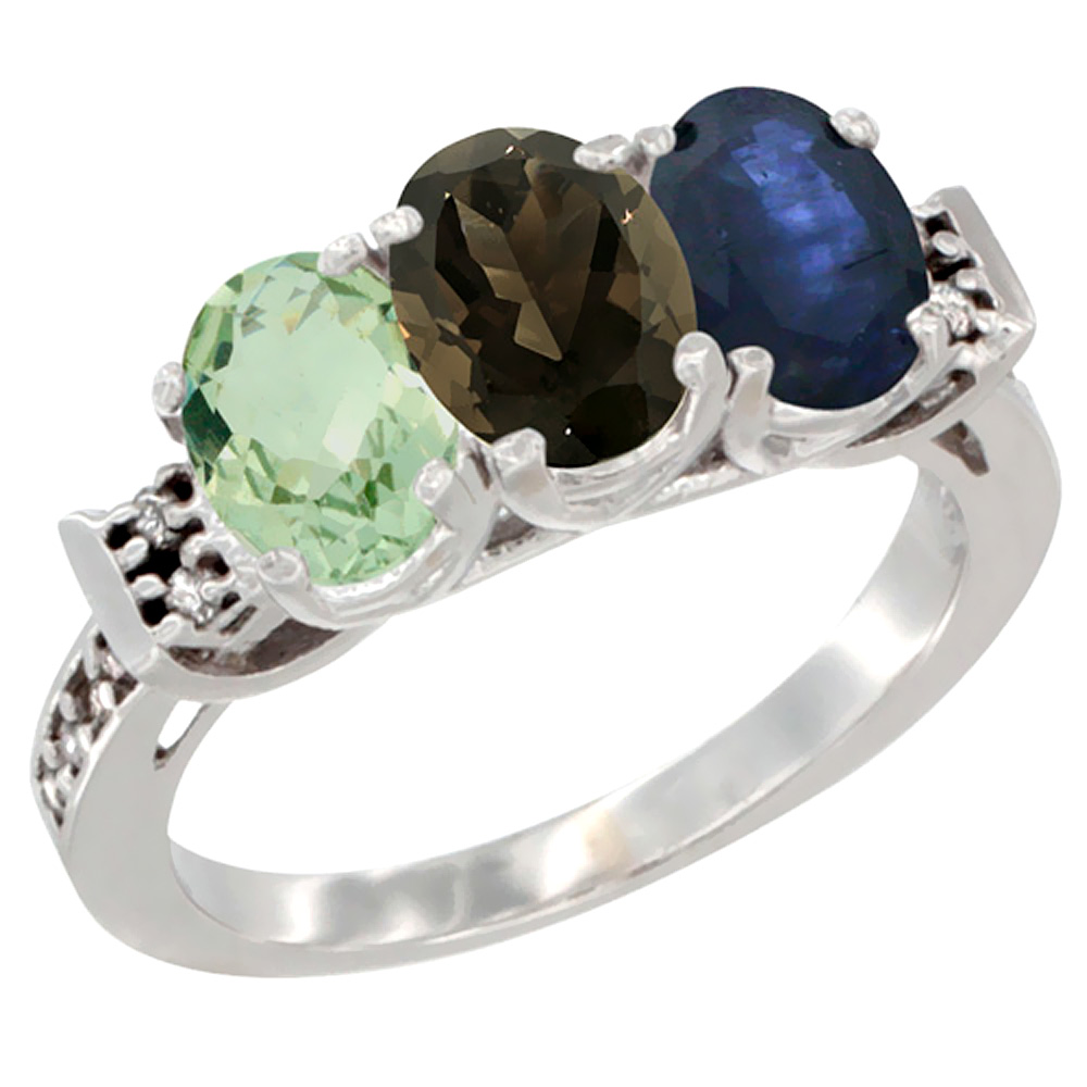 14K White Gold Natural Green Amethyst, Smoky Topaz &amp; Blue Sapphire Ring 3-Stone 7x5 mm Oval Diamond Accent, sizes 5 - 10
