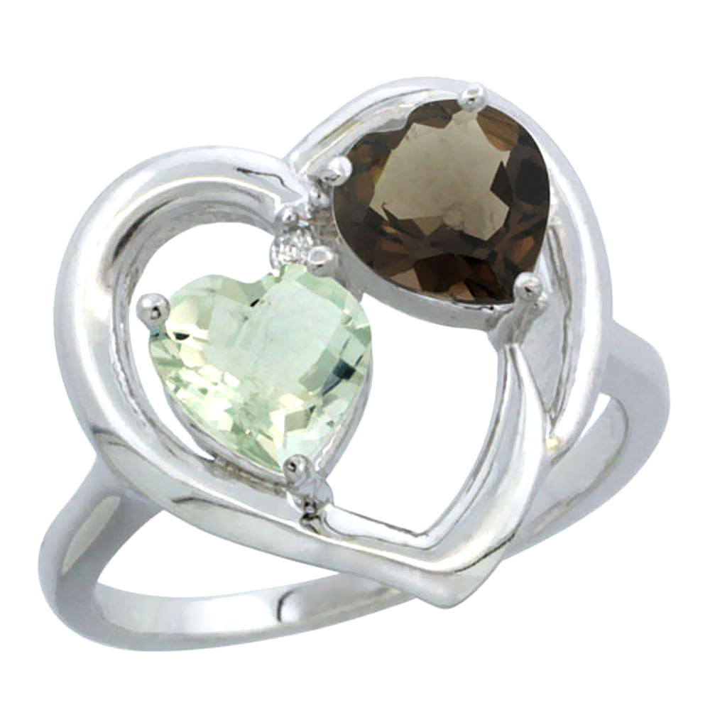 14K White Gold Diamond Two-stone Heart Ring 6mm Natural Green Amethyst &amp; Smoky Topaz, sizes 5-10