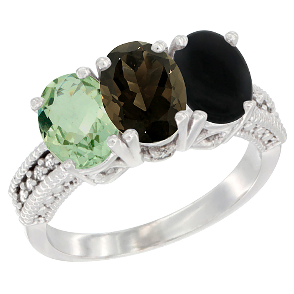 10K White Gold Natural Green Amethyst, Smoky Topaz & Black Onyx Ring 3-Stone Oval 7x5 mm Diamond Accent, sizes 5 - 10