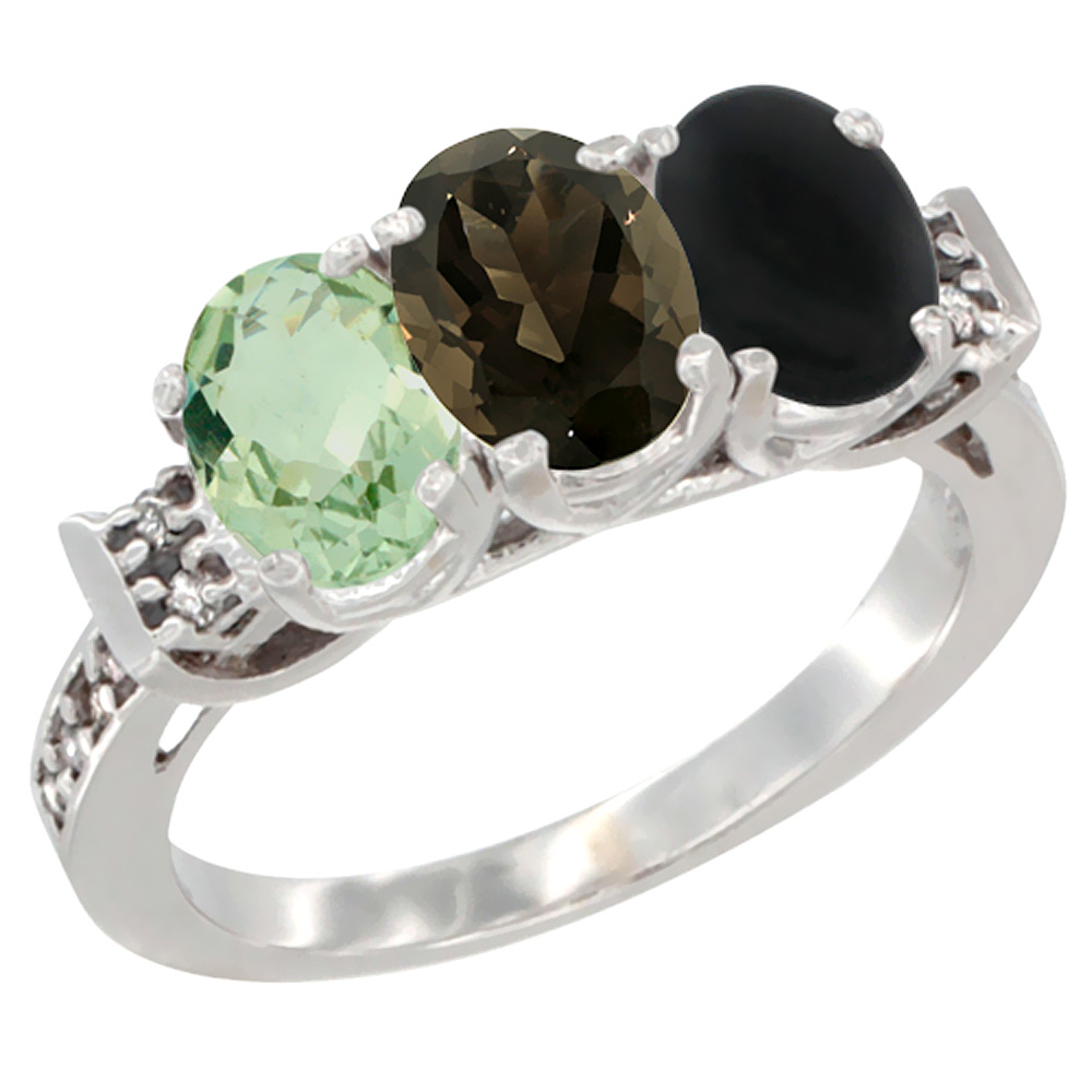 14K White Gold Natural Green Amethyst, Smoky Topaz &amp; Black Onyx Ring 3-Stone 7x5 mm Oval Diamond Accent, sizes 5 - 10