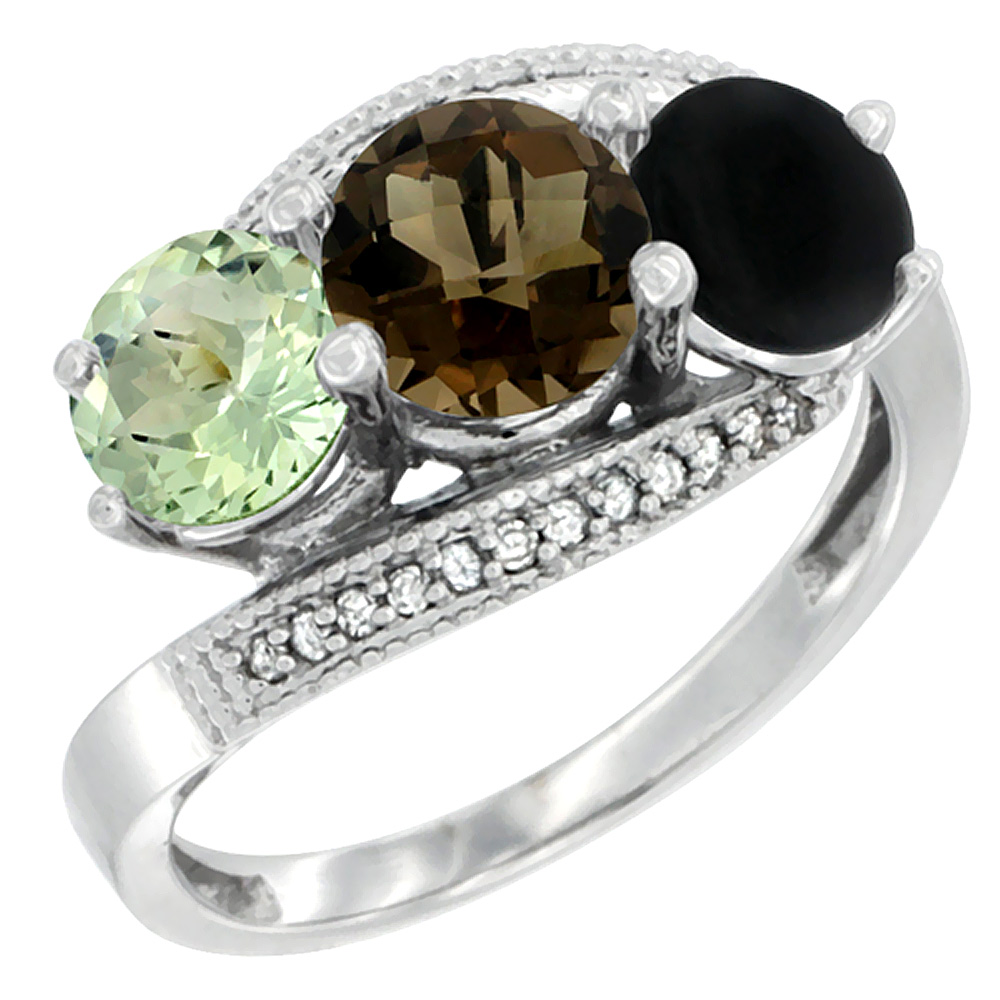 14K White Gold Natural Green Amethyst, Smoky Topaz &amp; Black Onyx 3 stone Ring Round 6mm Diamond Accent, sizes 5 - 10