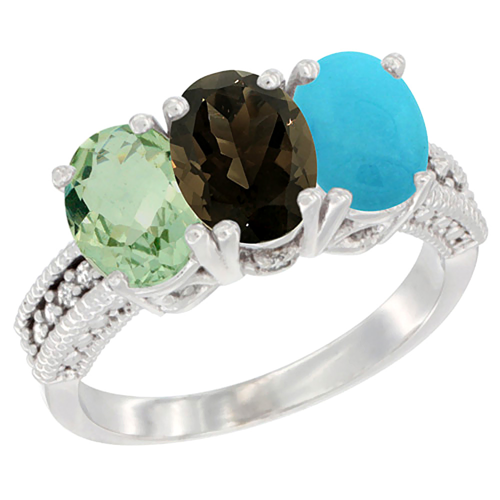 14K White Gold Natural Green Amethyst, Smoky Topaz & Turquoise Ring 3-Stone 7x5 mm Oval Diamond Accent, sizes 5 - 10