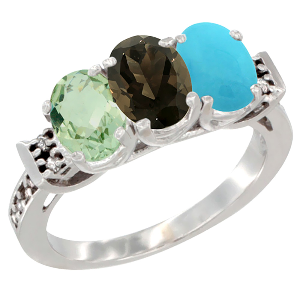 14K White Gold Natural Green Amethyst, Smoky Topaz & Turquoise Ring 3-Stone 7x5 mm Oval Diamond Accent, sizes 5 - 10