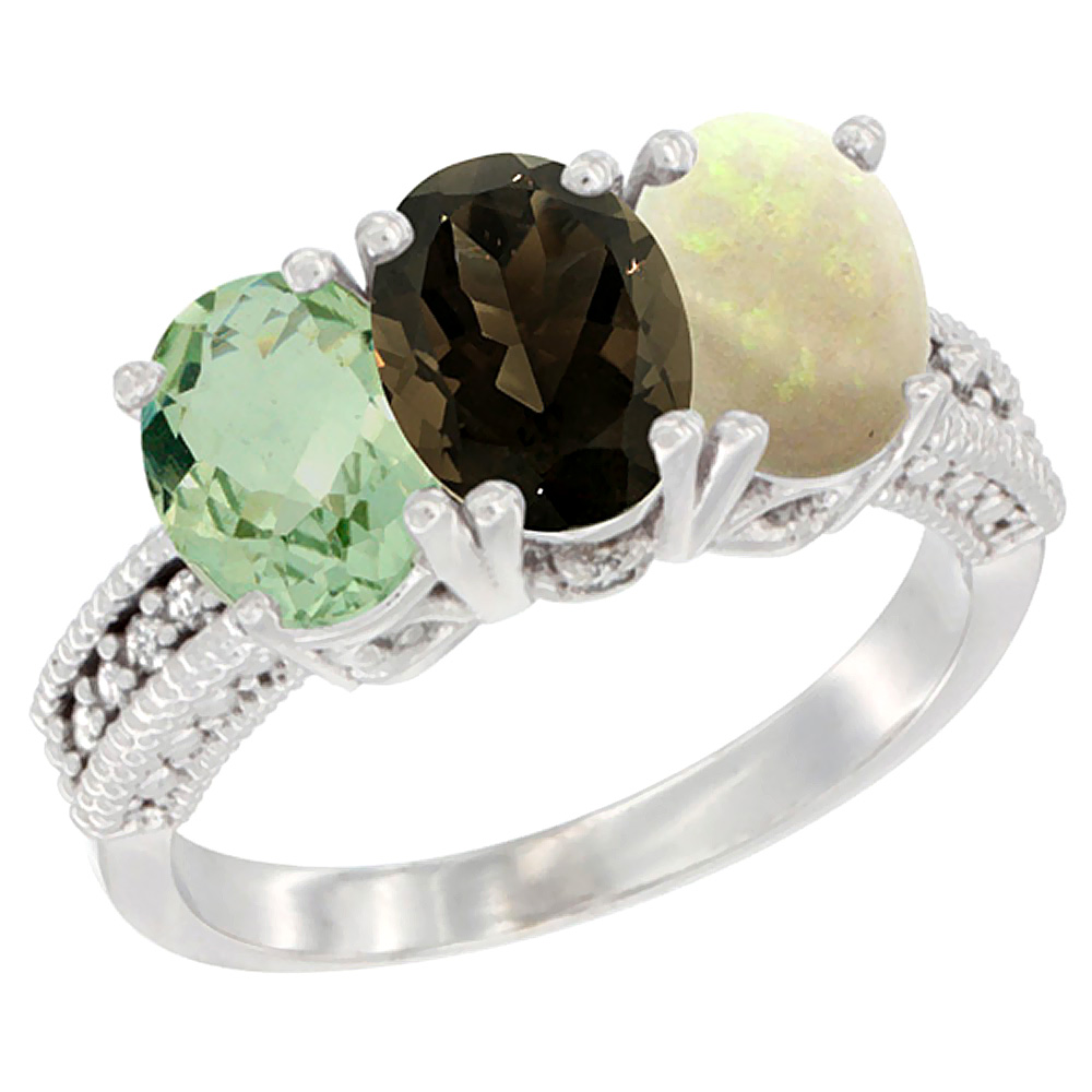10K White Gold Natural Green Amethyst, Smoky Topaz & Opal Ring 3-Stone Oval 7x5 mm Diamond Accent, sizes 5 - 10