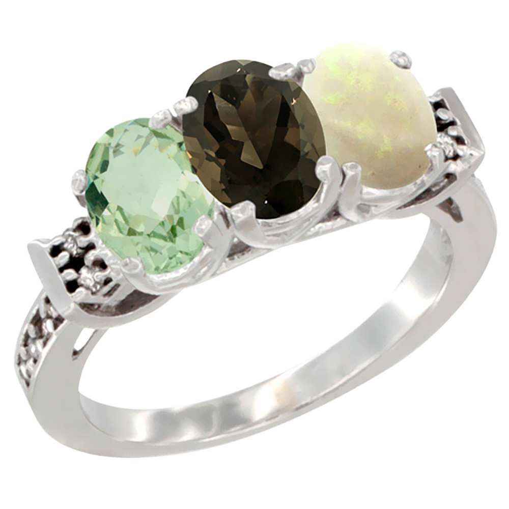 14K White Gold Natural Green Amethyst, Smoky Topaz & Opal Ring 3-Stone 7x5 mm Oval Diamond Accent, sizes 5 - 10
