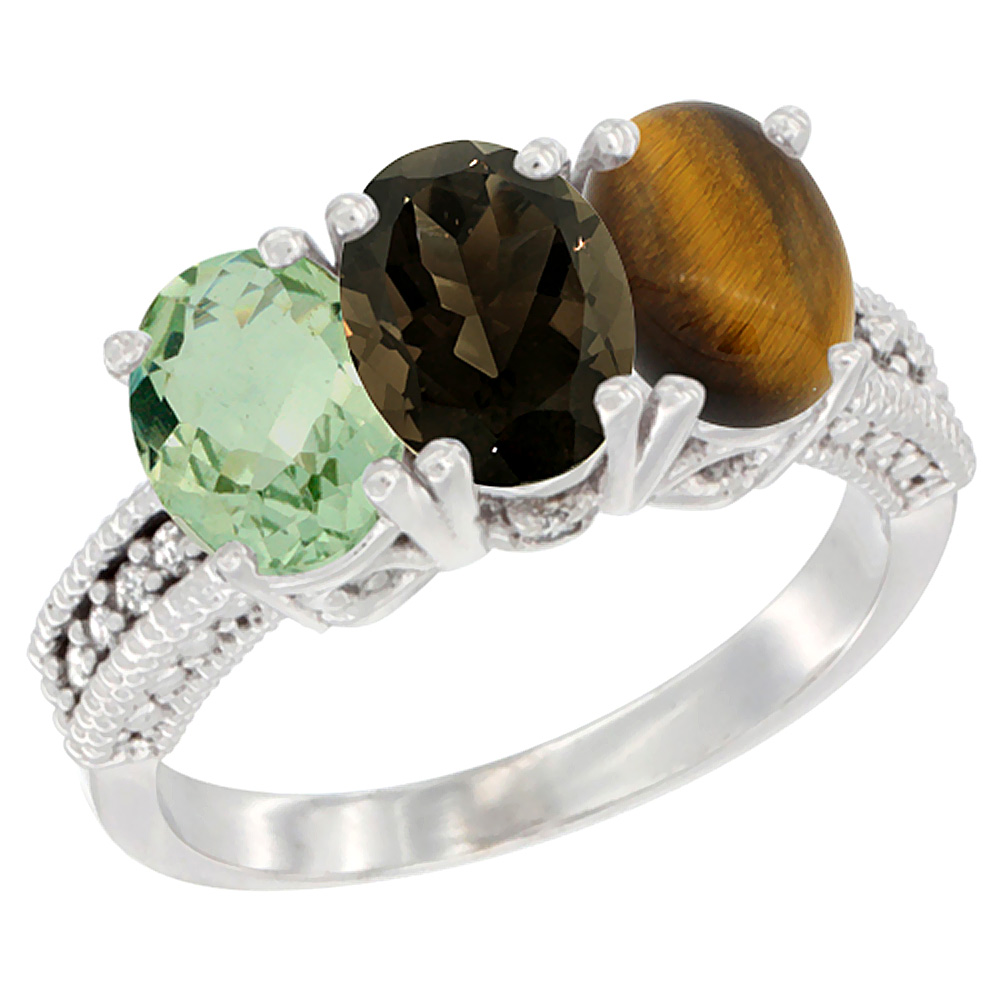 10K White Gold Natural Green Amethyst, Smoky Topaz & Tiger Eye Ring 3-Stone Oval 7x5 mm Diamond Accent, sizes 5 - 10