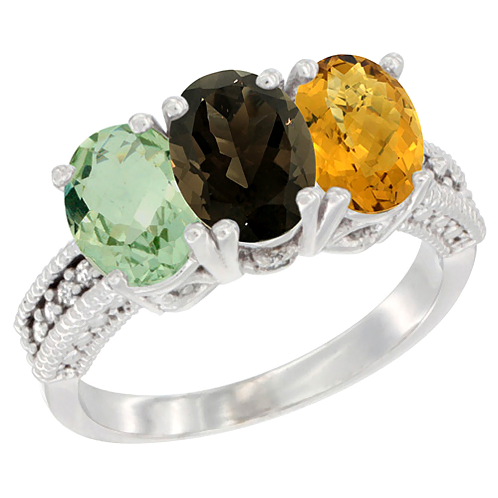 10K White Gold Natural Green Amethyst, Smoky Topaz & Whisky Quartz Ring 3-Stone Oval 7x5 mm Diamond Accent, sizes 5 - 10