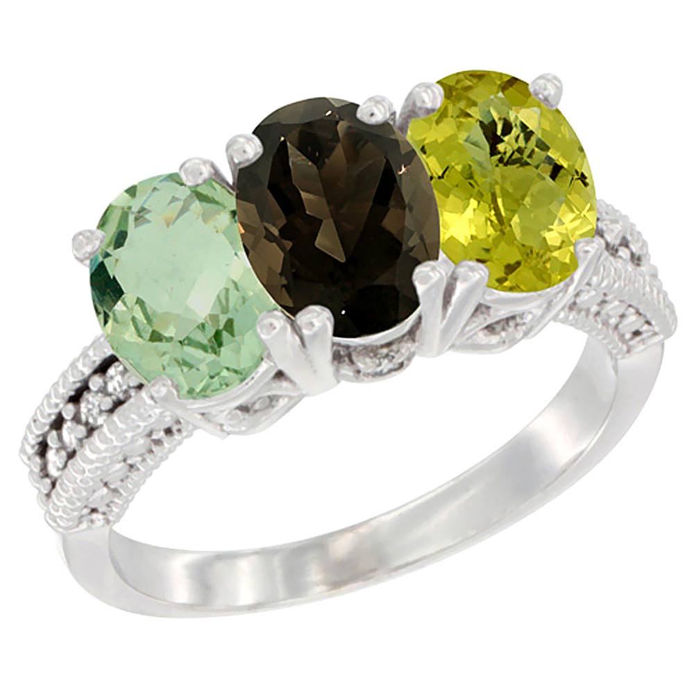 14K White Gold Natural Green Amethyst, Smoky Topaz &amp; Lemon Quartz Ring 3-Stone 7x5 mm Oval Diamond Accent, sizes 5 - 10