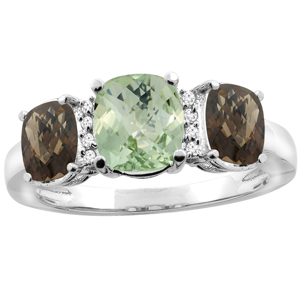 10K White Gold Natural Green Amethyst & Smoky Topaz 3-stone Ring Cushion 8x6mm Diamond Accent, sizes 5 - 10