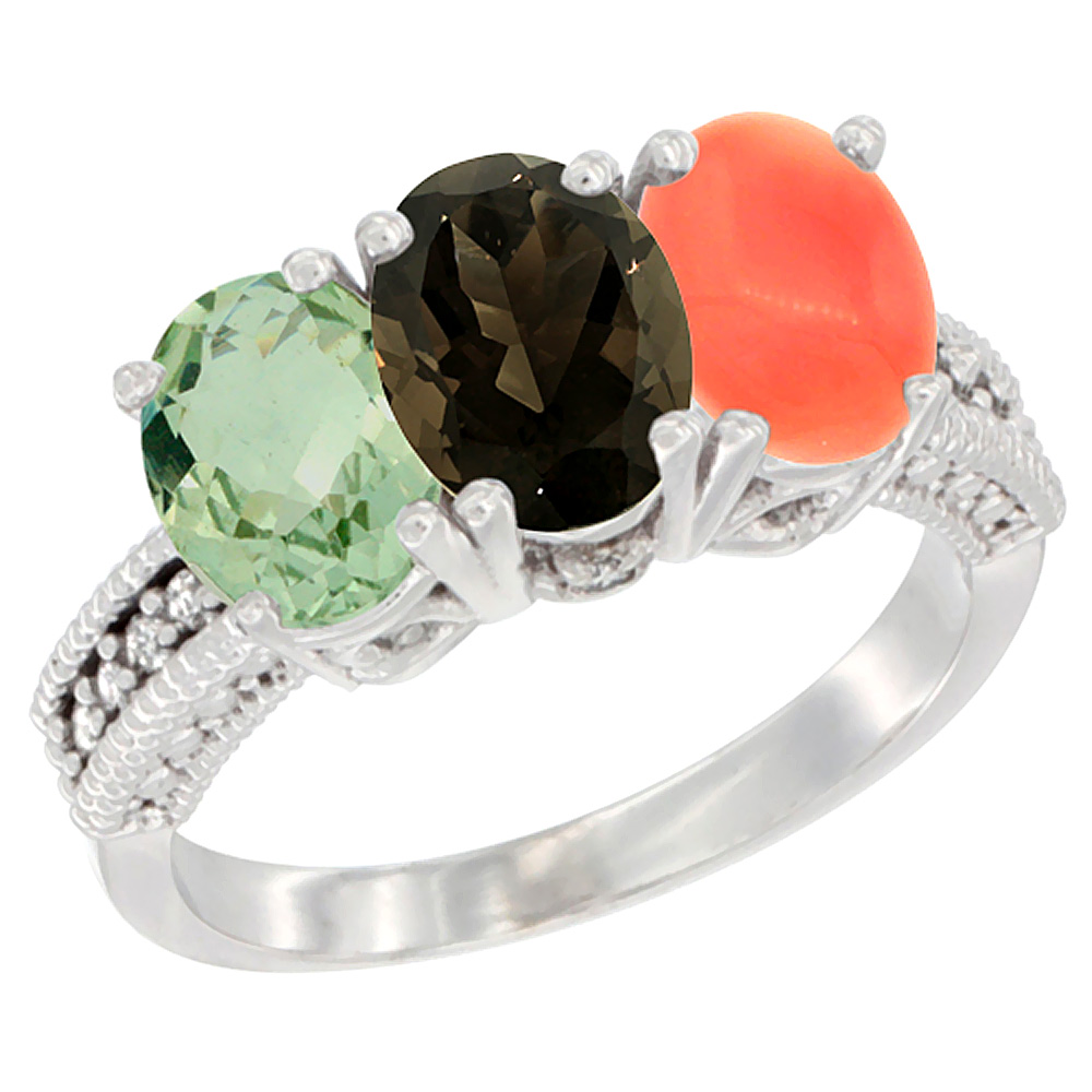 10K White Gold Natural Green Amethyst, Smoky Topaz & Coral Ring 3-Stone Oval 7x5 mm Diamond Accent, sizes 5 - 10