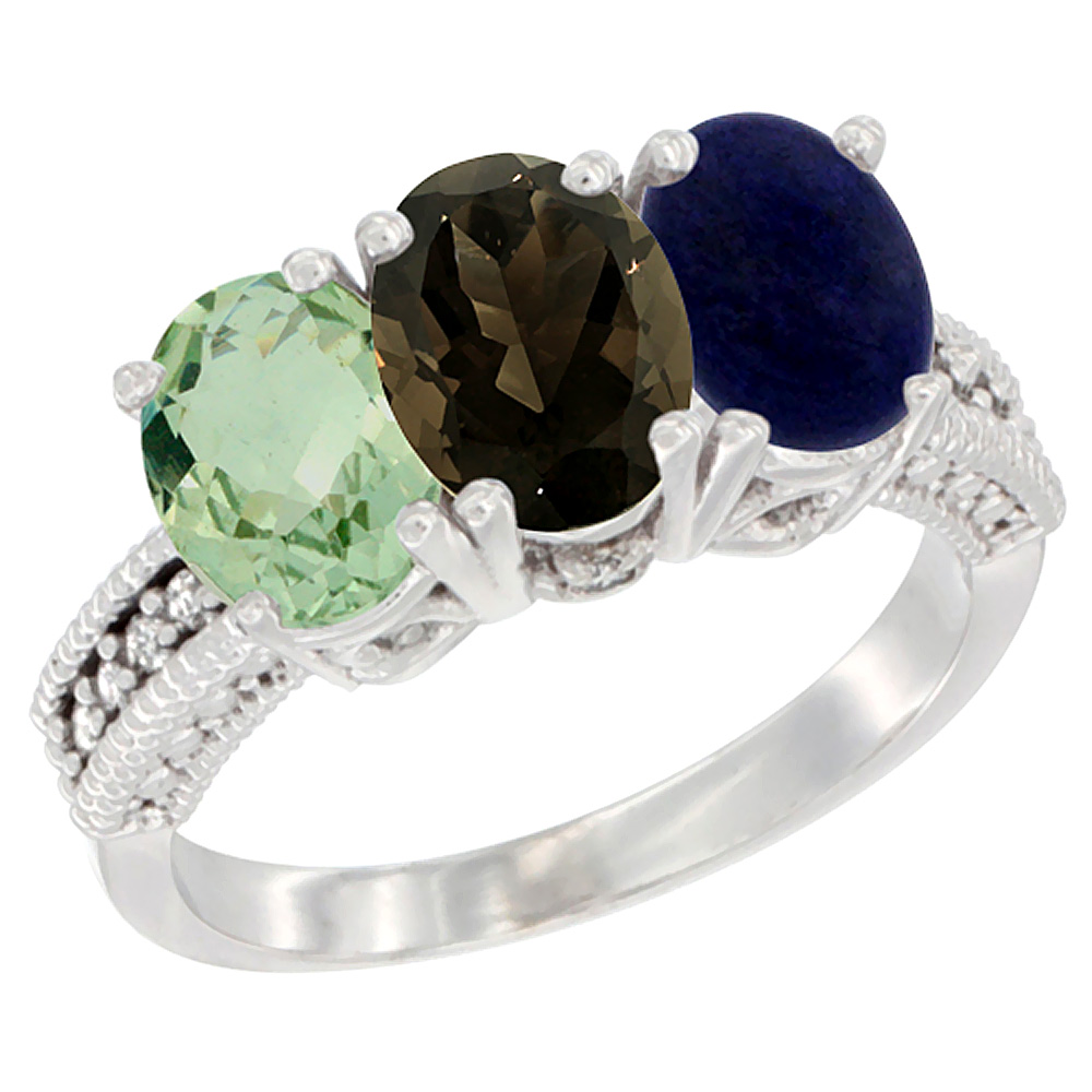 14K White Gold Natural Green Amethyst, Smoky Topaz & Lapis Ring 3-Stone 7x5 mm Oval Diamond Accent, sizes 5 - 10