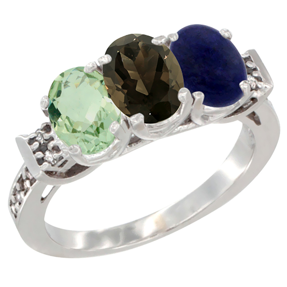 14K White Gold Natural Green Amethyst, Smoky Topaz & Lapis Ring 3-Stone 7x5 mm Oval Diamond Accent, sizes 5 - 10