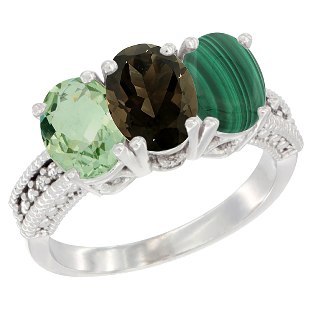 14K White Gold Natural Green Amethyst, Smoky Topaz & Malachite Ring 3-Stone 7x5 mm Oval Diamond Accent, sizes 5 - 10