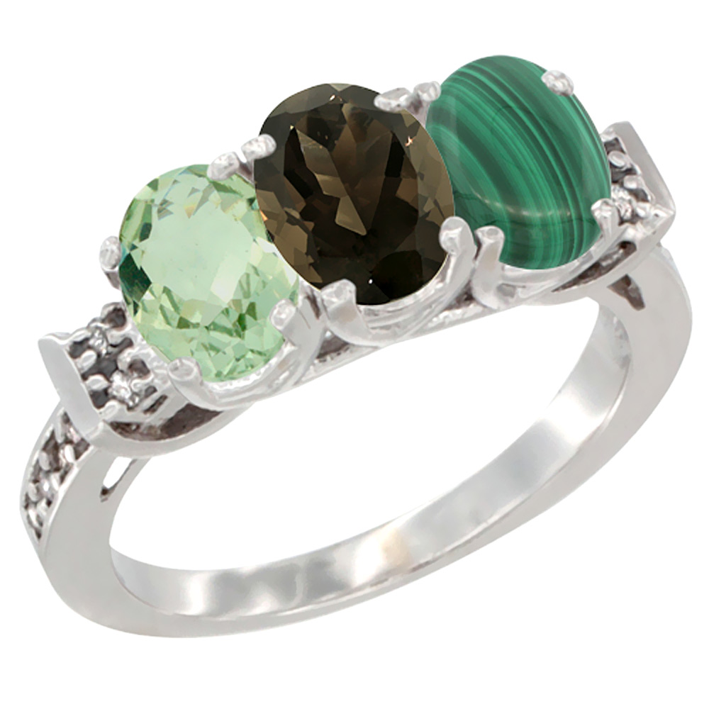 14K White Gold Natural Green Amethyst, Smoky Topaz & Malachite Ring 3-Stone 7x5 mm Oval Diamond Accent, sizes 5 - 10