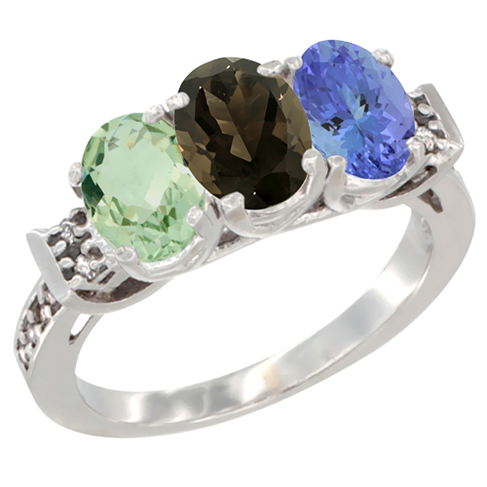 14K White Gold Natural Green Amethyst, Smoky Topaz & Tanzanite Ring 3-Stone 7x5 mm Oval Diamond Accent, sizes 5 - 10