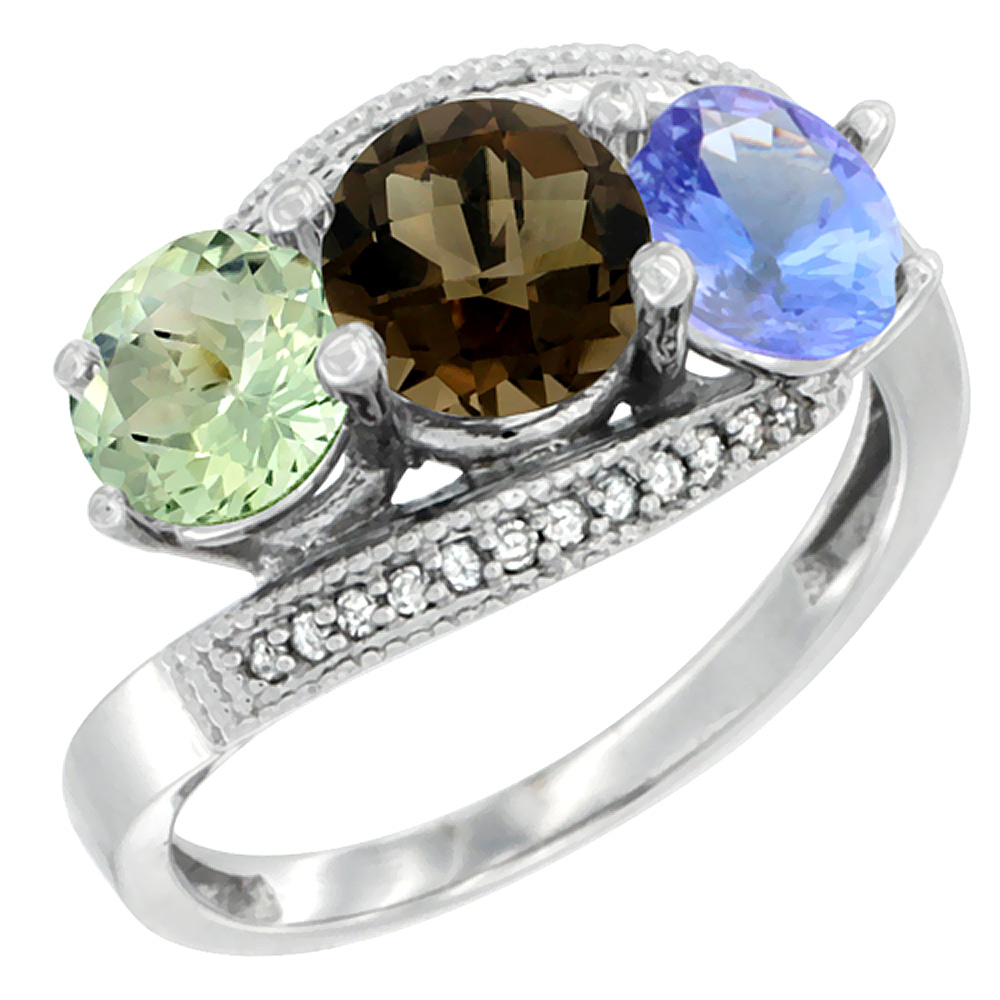 14K White Gold Natural Green Amethyst, Smoky Topaz & Tanzanite 3 stone Ring Round 6mm Diamond Accent, sizes 5 - 10