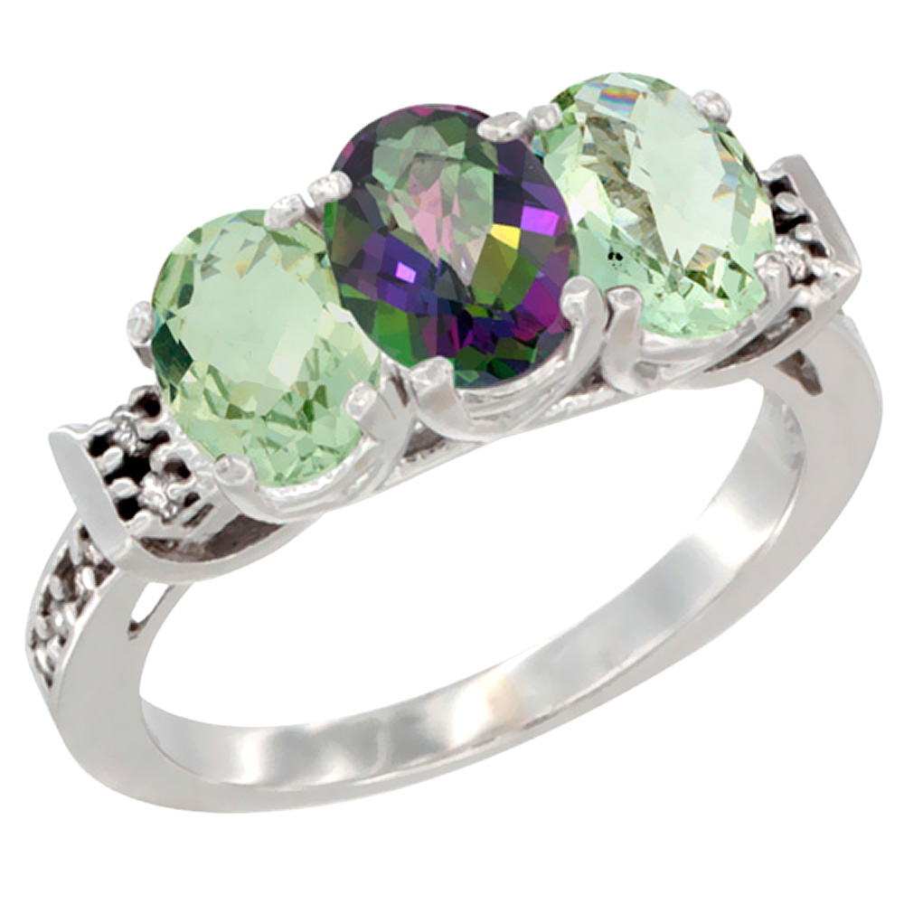 10K White Gold Natural Mystic Topaz & Green Amethyst Sides Ring 3-Stone Oval 7x5 mm Diamond Accent, sizes 5 - 10