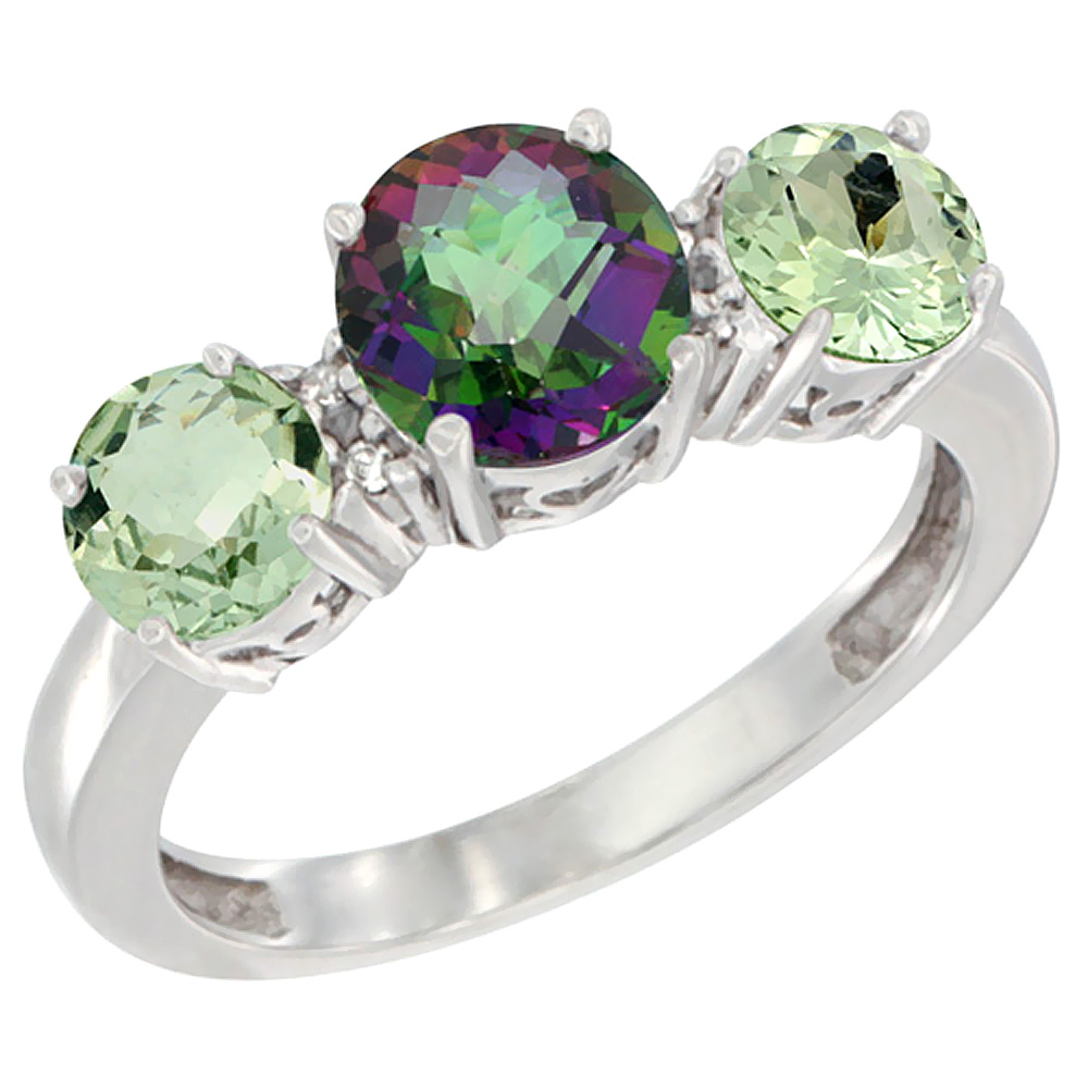 14K White Gold Round 3-Stone Natural Mystic Topaz Ring & Green Amethyst Sides Diamond Accent, sizes 5 - 10