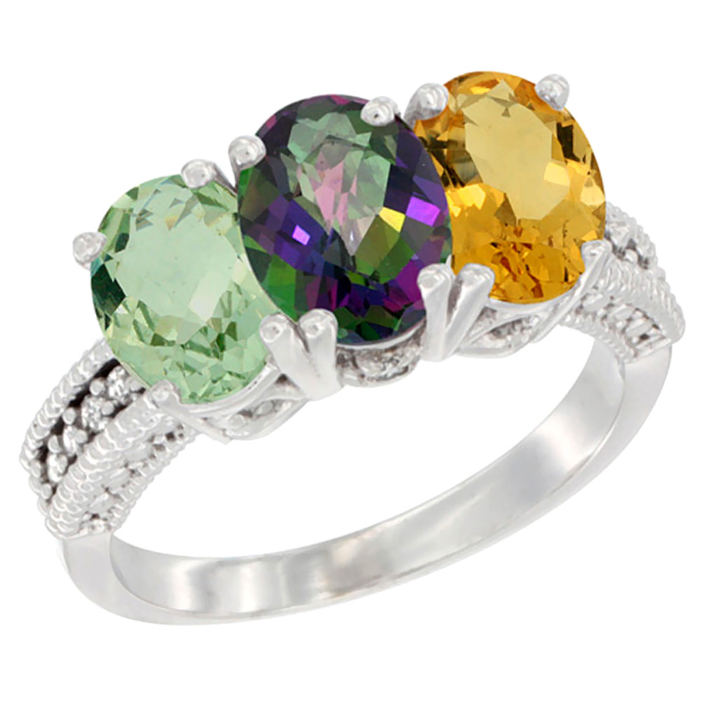 14K White Gold Natural Green Amethyst, Mystic Topaz & Citrine Ring 3-Stone 7x5 mm Oval Diamond Accent, sizes 5 - 10