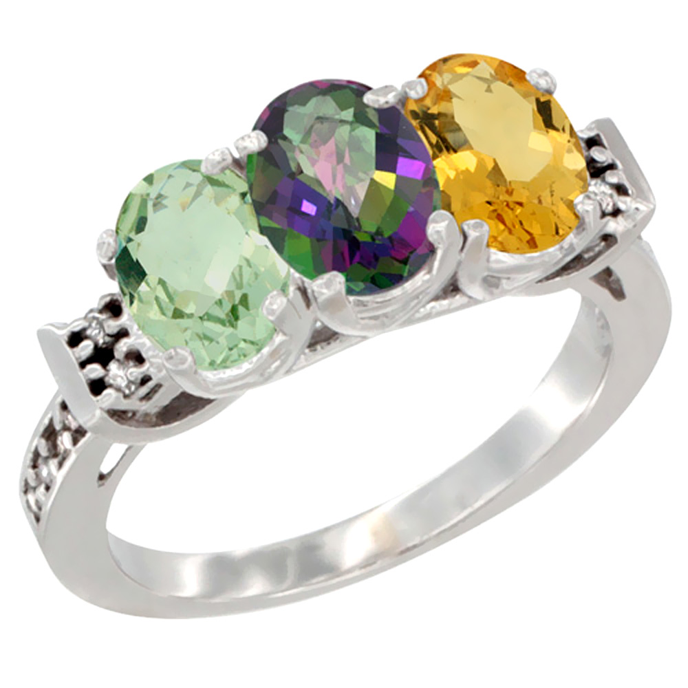 14K White Gold Natural Green Amethyst, Mystic Topaz & Citrine Ring 3-Stone 7x5 mm Oval Diamond Accent, sizes 5 - 10