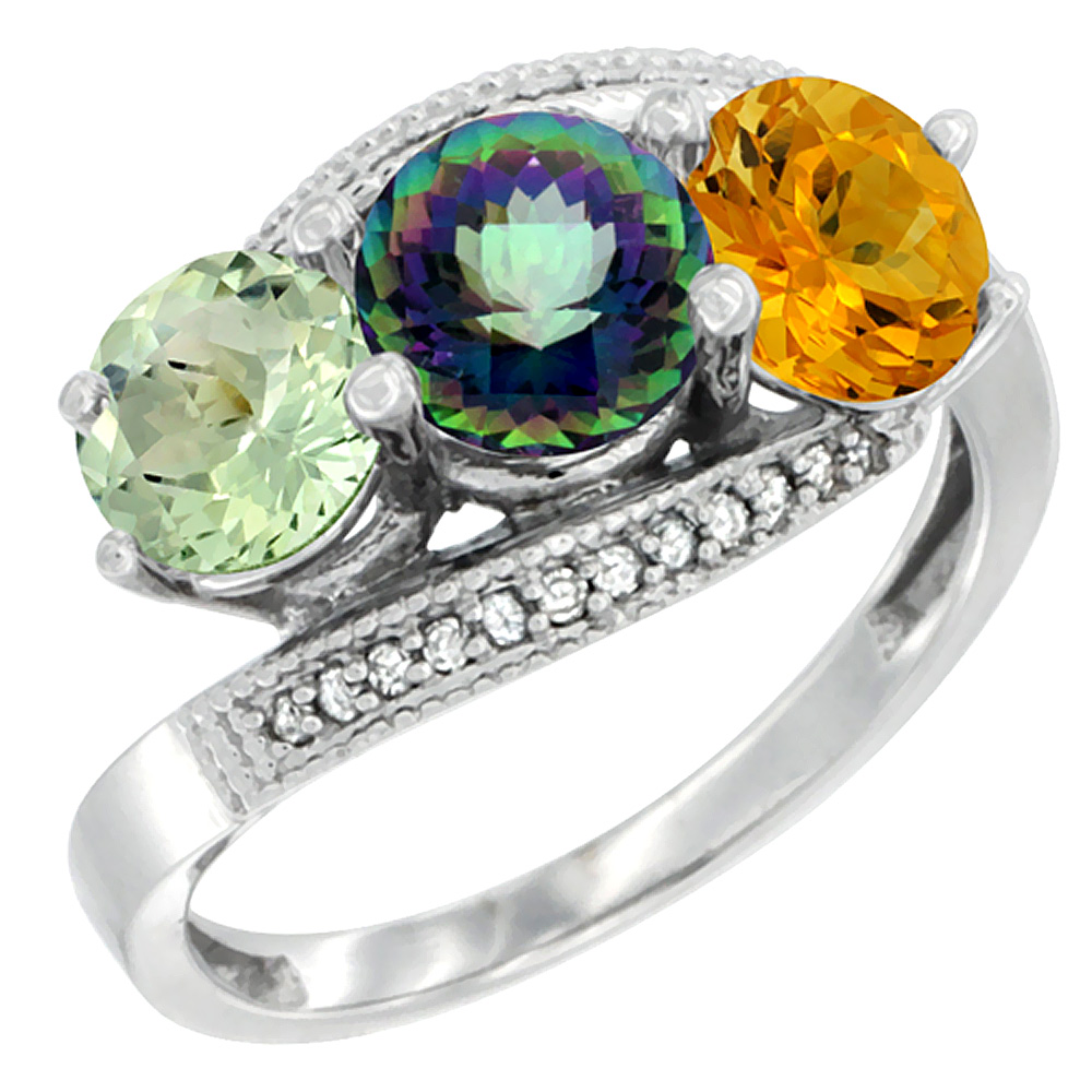 10K White Gold Natural Green Amethyst, Mystic Topaz &amp; Citrine 3 stone Ring Round 6mm Diamond Accent, sizes 5 - 10