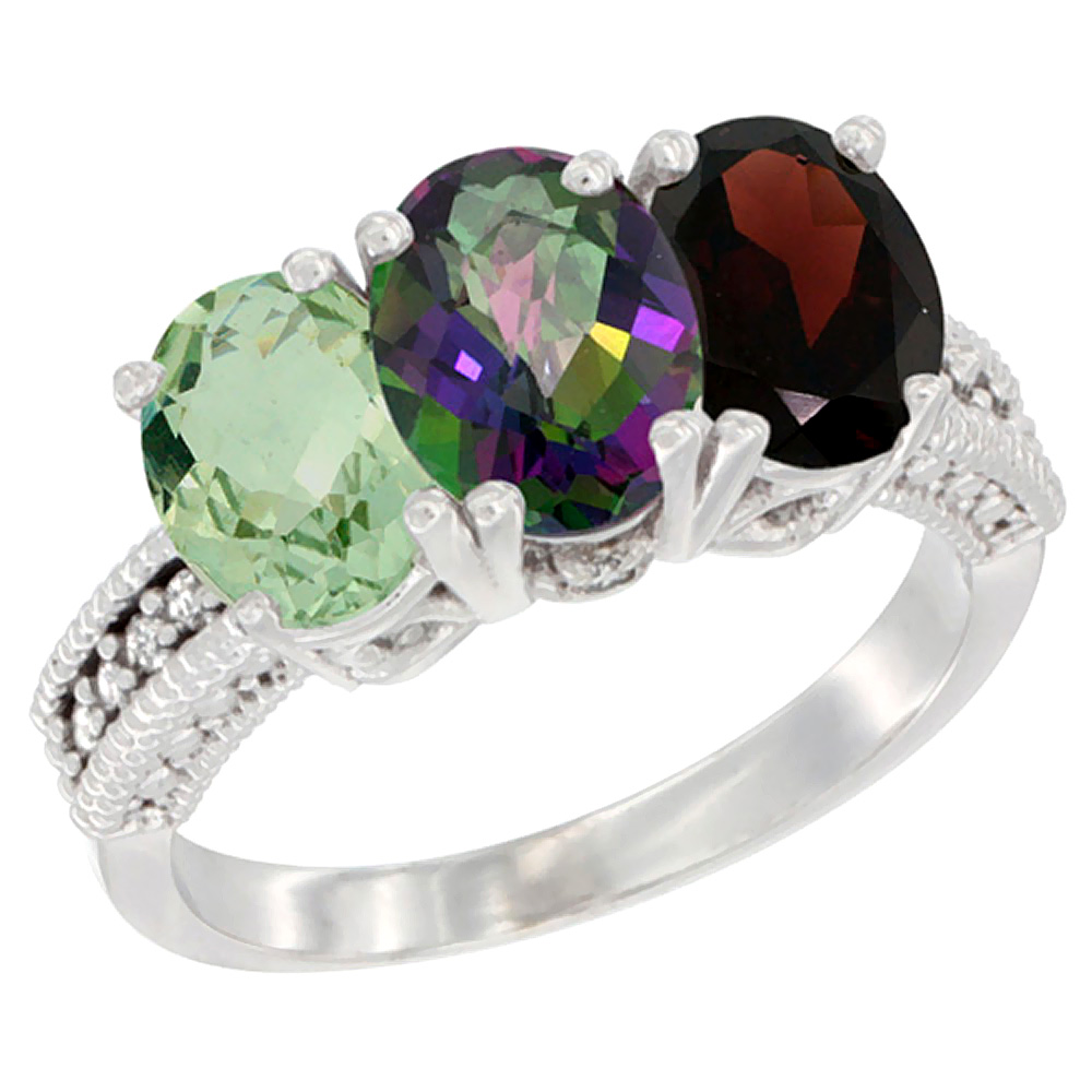 14K White Gold Natural Green Amethyst, Mystic Topaz &amp; Garnet Ring 3-Stone 7x5 mm Oval Diamond Accent, sizes 5 - 10