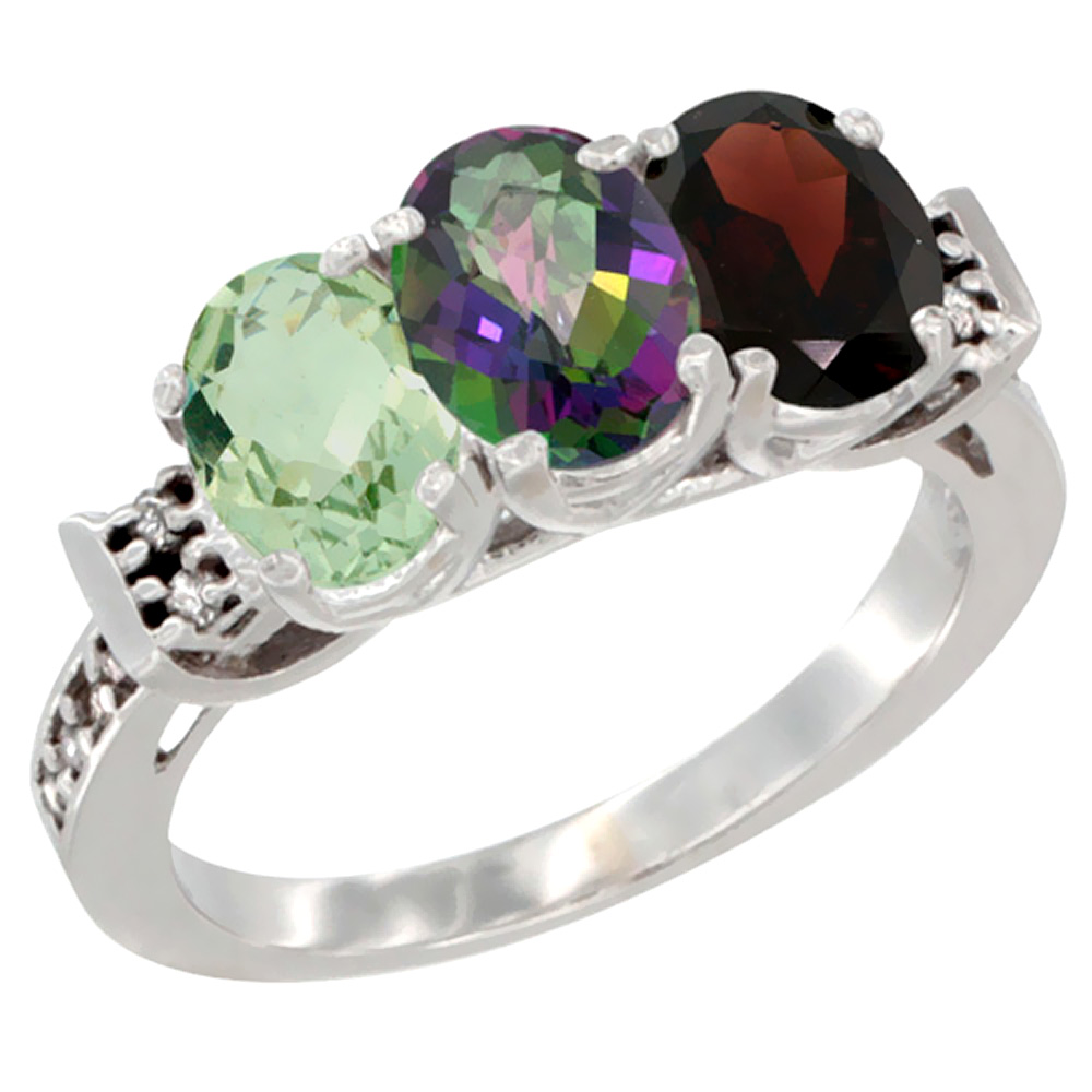 14K White Gold Natural Green Amethyst, Mystic Topaz & Garnet Ring 3-Stone 7x5 mm Oval Diamond Accent, sizes 5 - 10