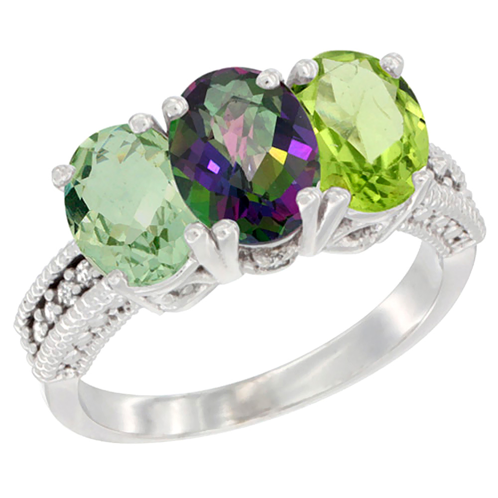 14K White Gold Natural Green Amethyst, Mystic Topaz &amp; Peridot Ring 3-Stone 7x5 mm Oval Diamond Accent, sizes 5 - 10