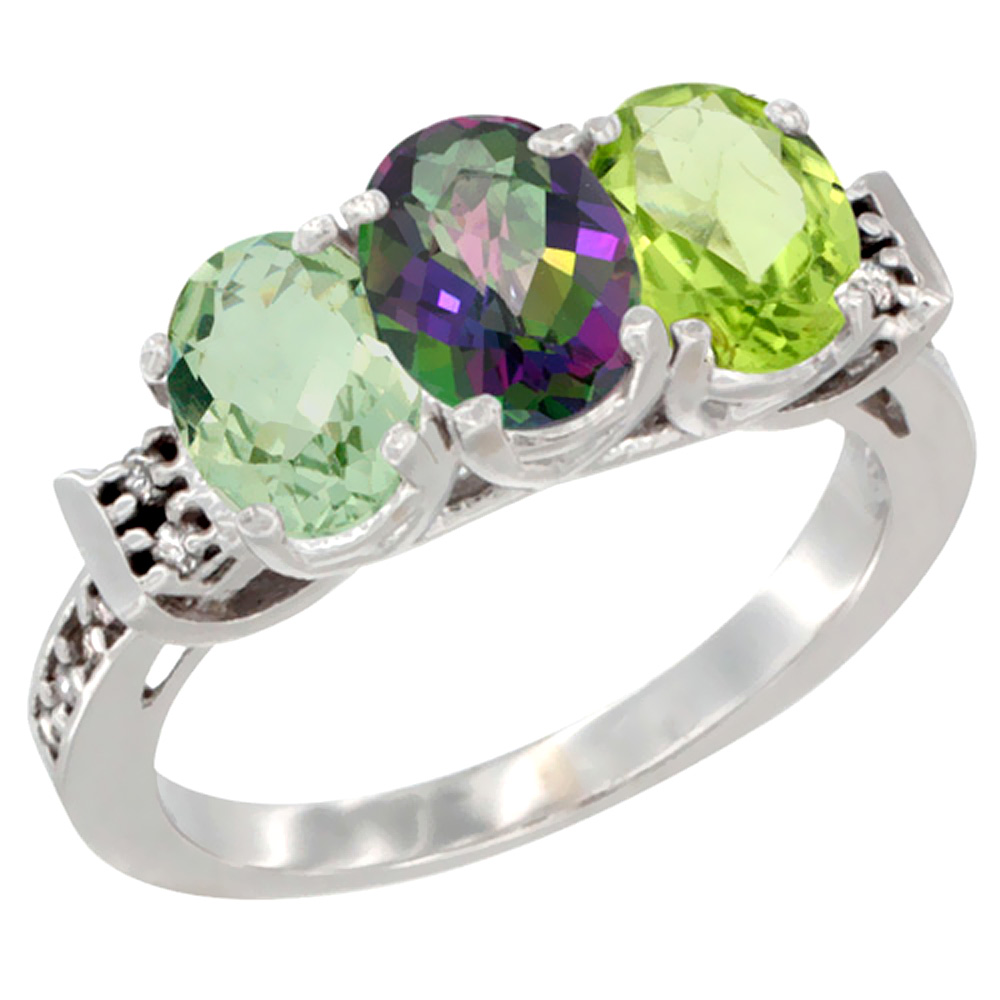 10K White Gold Natural Green Amethyst, Mystic Topaz & Peridot Ring 3-Stone Oval 7x5 mm Diamond Accent, sizes 5 - 10