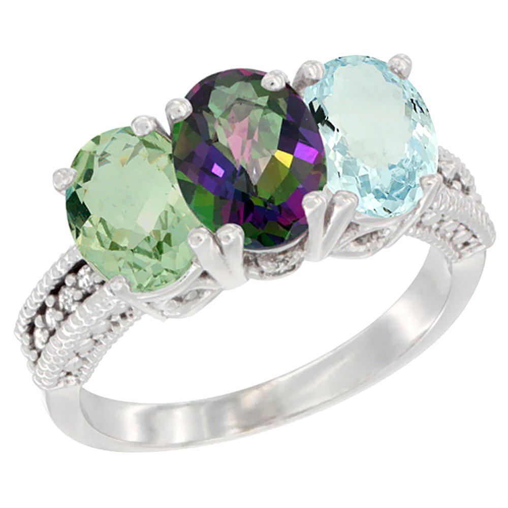 10K White Gold Natural Green Amethyst, Mystic Topaz & Aquamarine Ring 3-Stone Oval 7x5 mm Diamond Accent, sizes 5 - 10