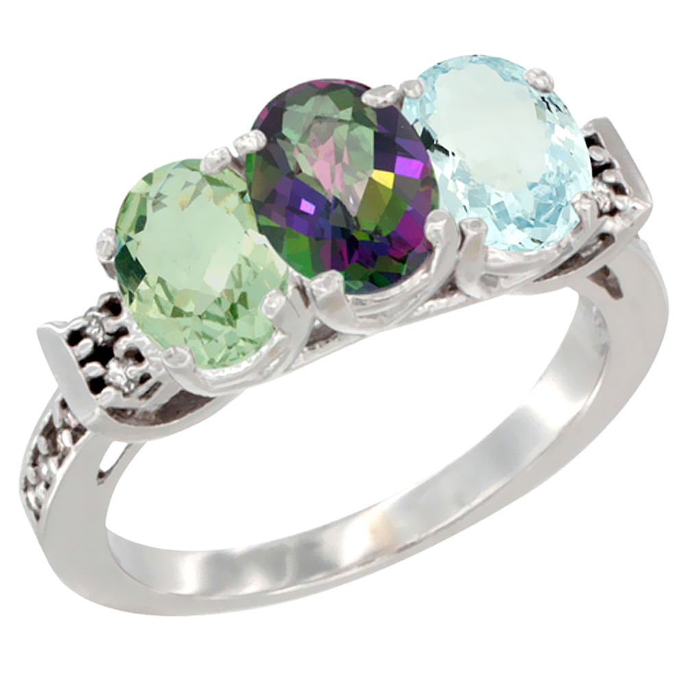 10K White Gold Natural Green Amethyst, Mystic Topaz & Aquamarine Ring 3-Stone Oval 7x5 mm Diamond Accent, sizes 5 - 10