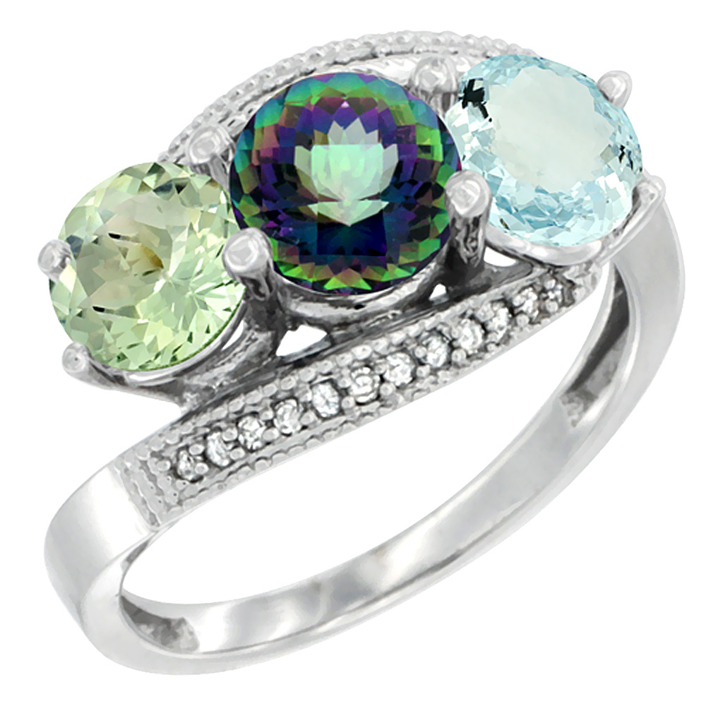 10K White Gold Natural Green Amethyst, Mystic Topaz & Aquamarine 3 stone Ring Round 6mm Diamond Accent, sizes 5 - 10