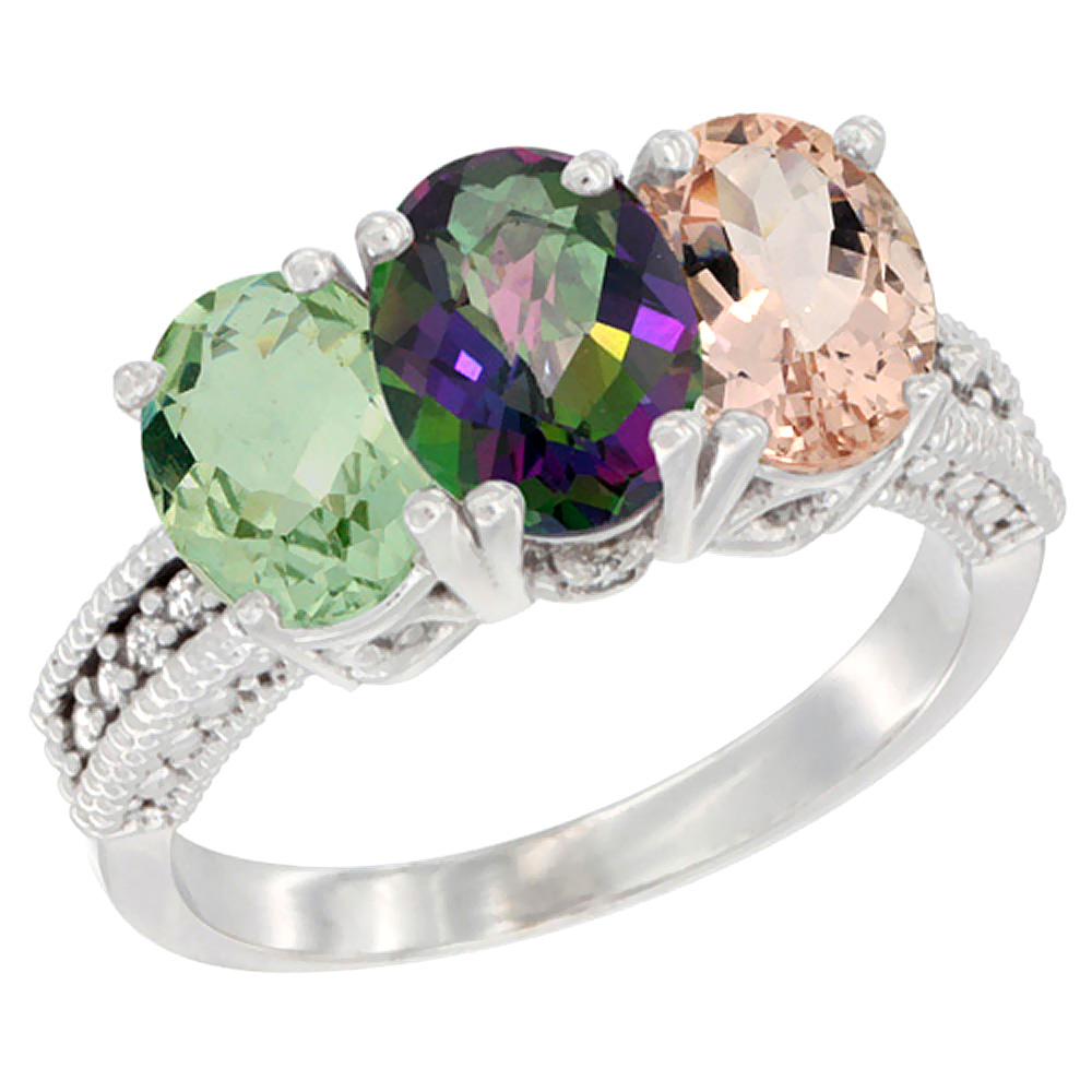 14K White Gold Natural Green Amethyst, Mystic Topaz &amp; Morganite Ring 3-Stone 7x5 mm Oval Diamond Accent, sizes 5 - 10