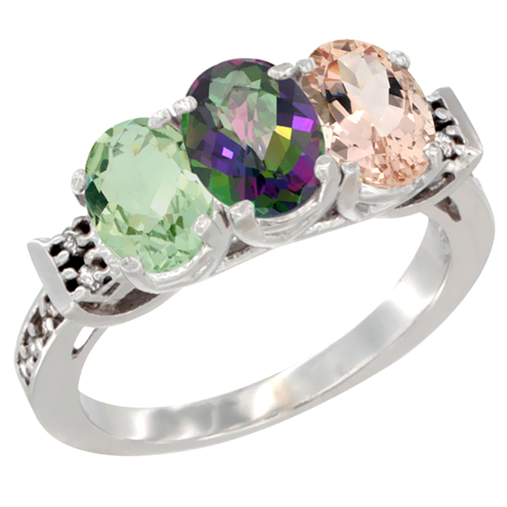 14K White Gold Natural Green Amethyst, Mystic Topaz & Morganite Ring 3-Stone 7x5 mm Oval Diamond Accent, sizes 5 - 10