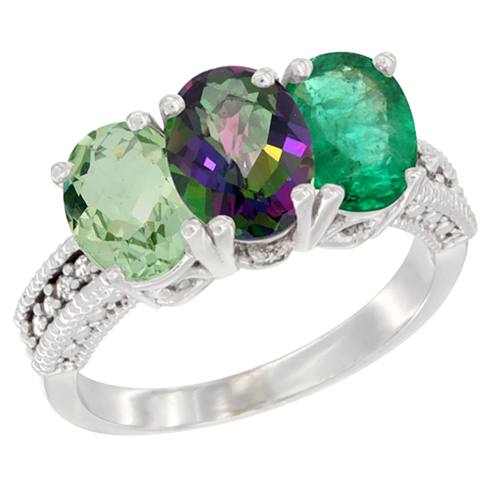 14K White Gold Natural Green Amethyst, Mystic Topaz & Emerald Ring 3-Stone 7x5 mm Oval Diamond Accent, sizes 5 - 10