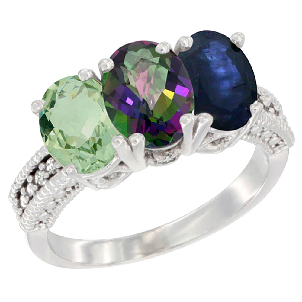 14K White Gold Natural Green Amethyst, Mystic Topaz & Blue Sapphire Ring 3-Stone 7x5 mm Oval Diamond Accent, sizes 5 - 10
