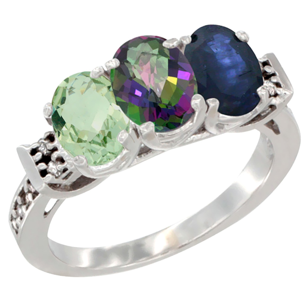10K White Gold Natural Green Amethyst, Mystic Topaz & Blue Sapphire Ring 3-Stone Oval 7x5 mm Diamond Accent, sizes 5 - 10